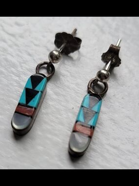 Vintage Native American Zuni Silver Turquoise Multi-Stone Small Dangle Earrings